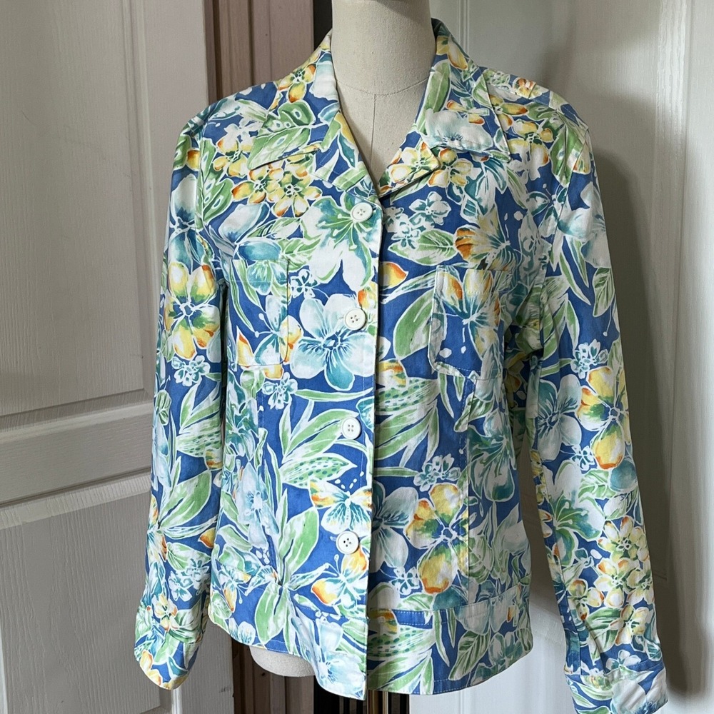 Talbots Vintage Tropical Floral Print Denim Jacket Cottage Core Size MP‎ Casual